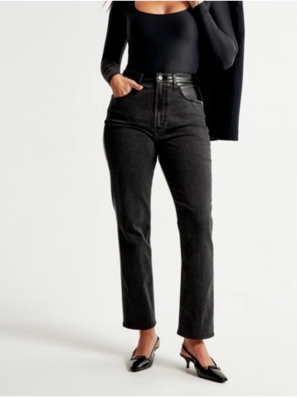 Abercrombie & Fitch Curve Love 90’s Straight Jean Vegan Leather Jean Mixed
